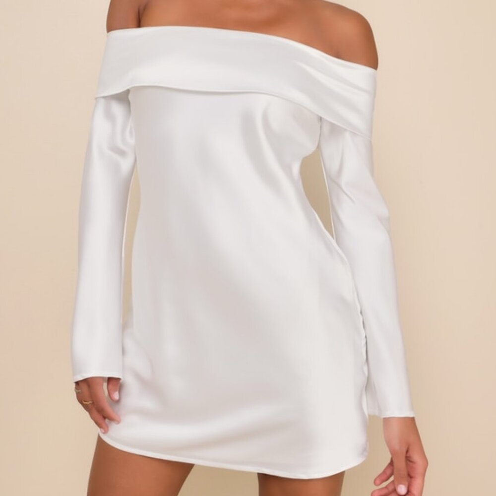 Lulus Luxurious Vision White Satin Off-the-shoulder Mini Dress - Size L